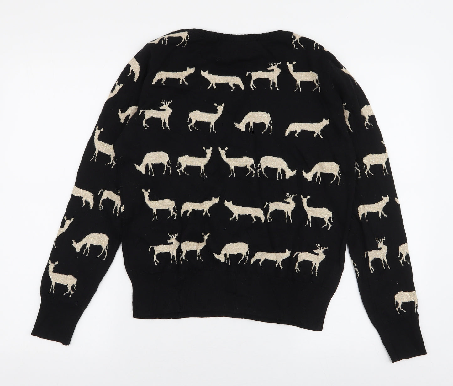 Peacocks Womens Black Round Neck  Cotton Pullover Jumper Size 14   - Deer