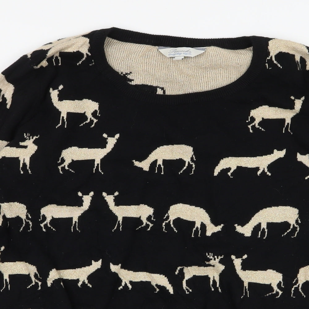 Peacocks Womens Black Round Neck  Cotton Pullover Jumper Size 14   - Deer