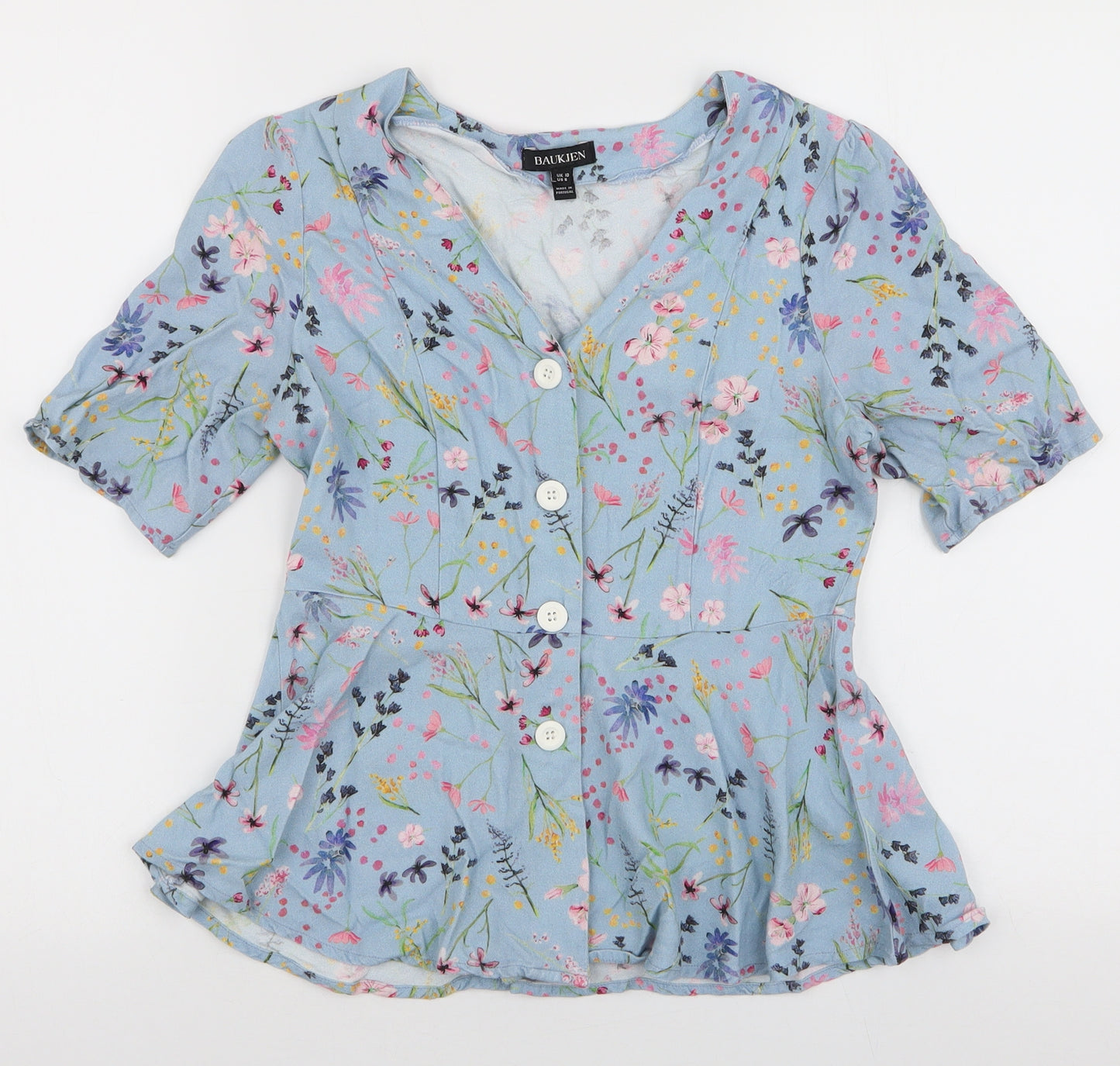 Baukjen Womens Blue Floral Viscose Basic Blouse Size 10 V-Neck