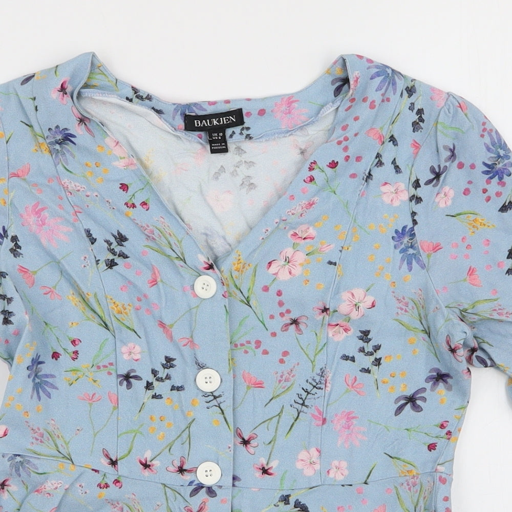 Baukjen Womens Blue Floral Viscose Basic Blouse Size 10 V-Neck