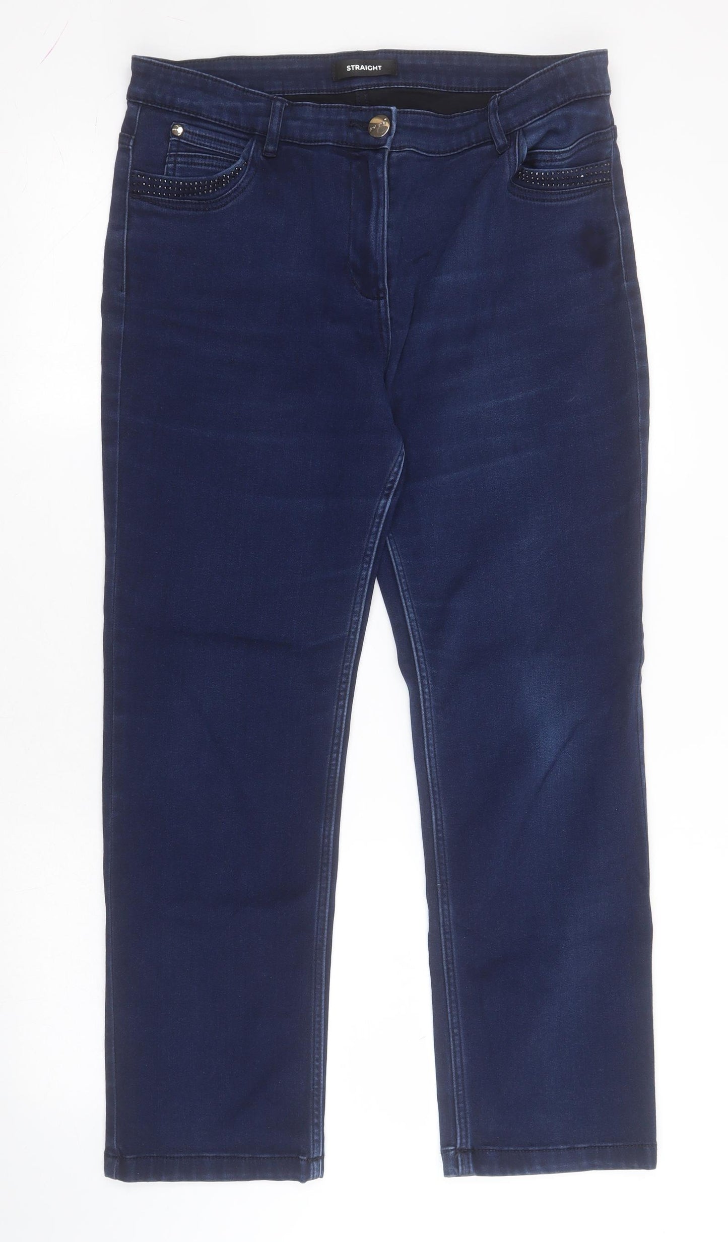 Marks and Spencer Womens Blue  Cotton Straight Jeans Size 14 L25 in Regular Zip