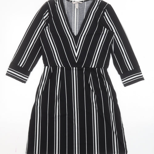 H&M Womens Black Striped Polyester A-Line  Size XS  V-Neck