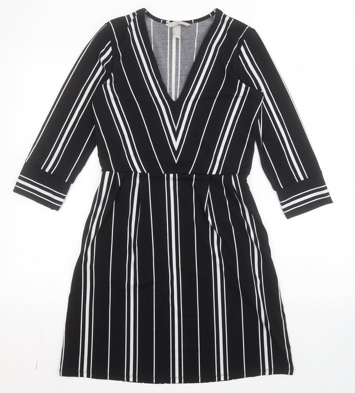 H&M Womens Black Striped Polyester A-Line  Size XS  V-Neck