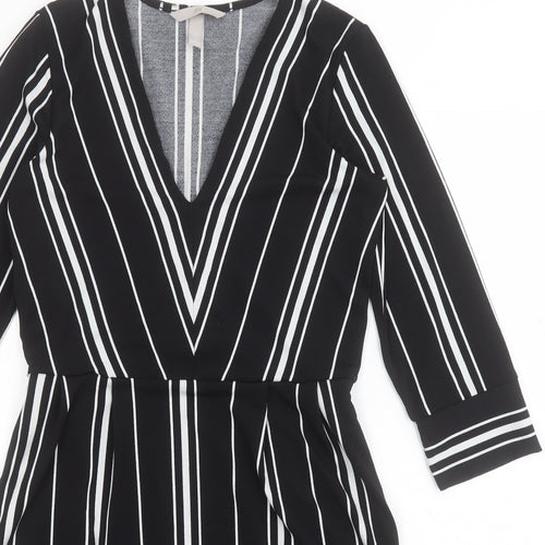 H&M Womens Black Striped Polyester A-Line  Size XS  V-Neck