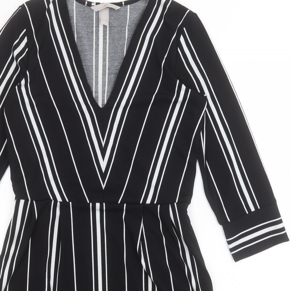 H&M Womens Black Striped Polyester A-Line  Size XS  V-Neck