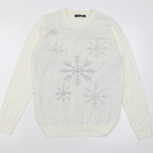 Avenue Womens Ivory Crew Neck  Acrylic Pullover Jumper Size S   - Snow Flakes