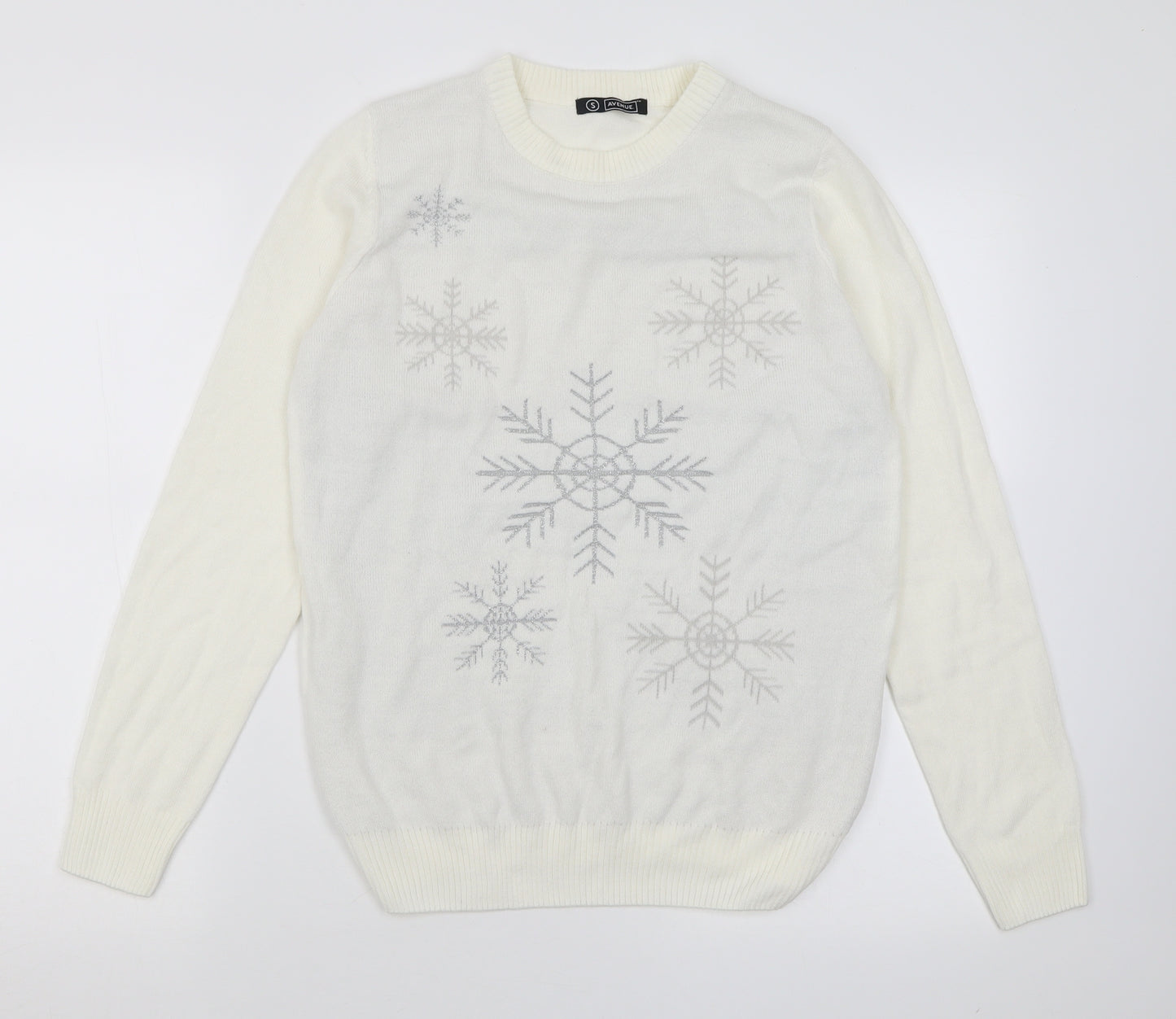 Avenue Womens Ivory Crew Neck  Acrylic Pullover Jumper Size S   - Snow Flakes