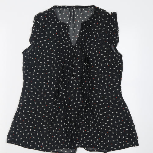 M&Co Womens Black Polka Dot Polyester Basic Tank Size 10 V-Neck