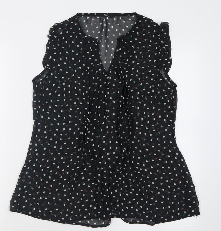 M&Co Womens Black Polka Dot Polyester Basic Tank Size 10 V-Neck