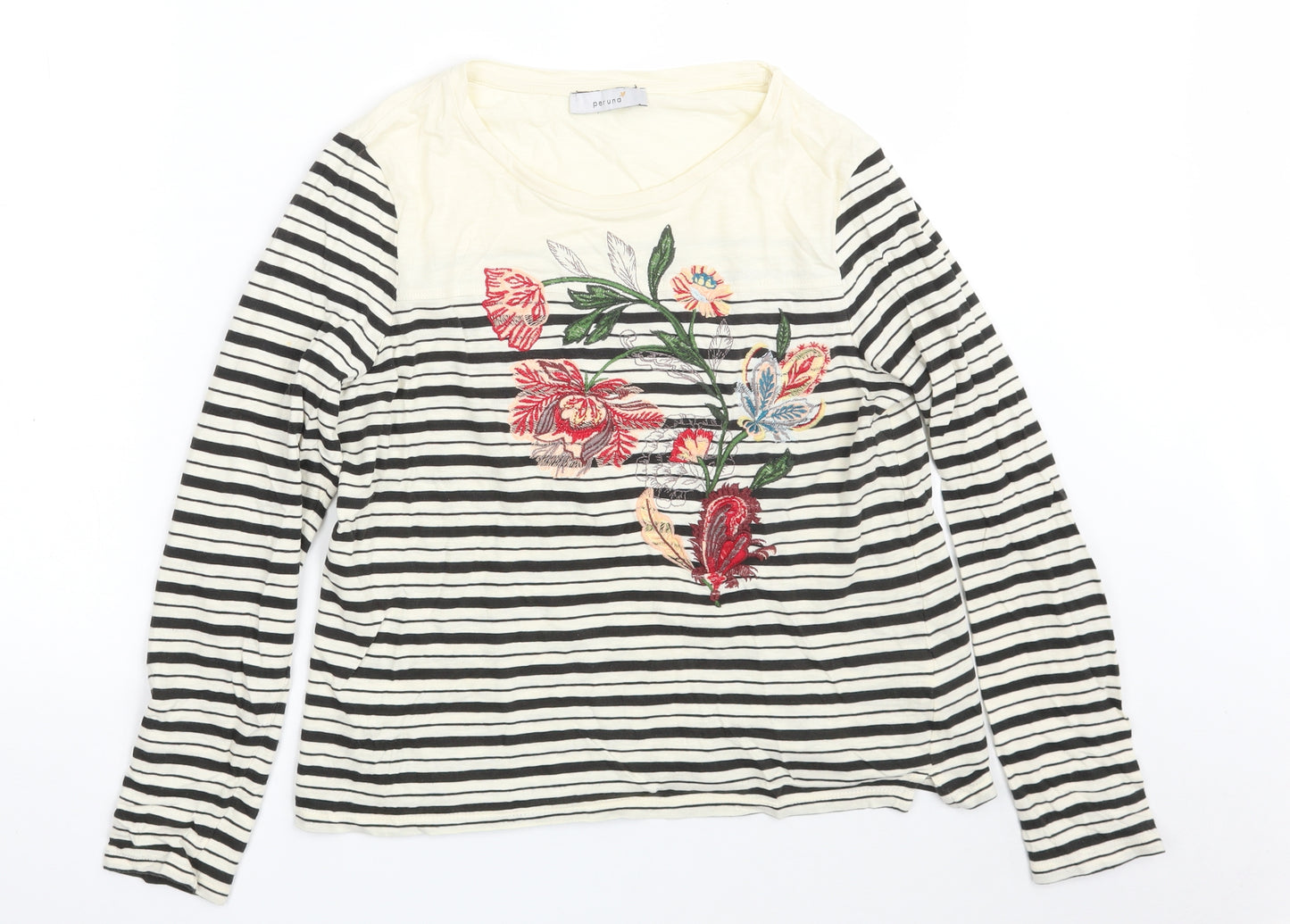 Marks and Spencer Womens Ivory Striped 100% Cotton Basic T-Shirt Size 10 Round Neck