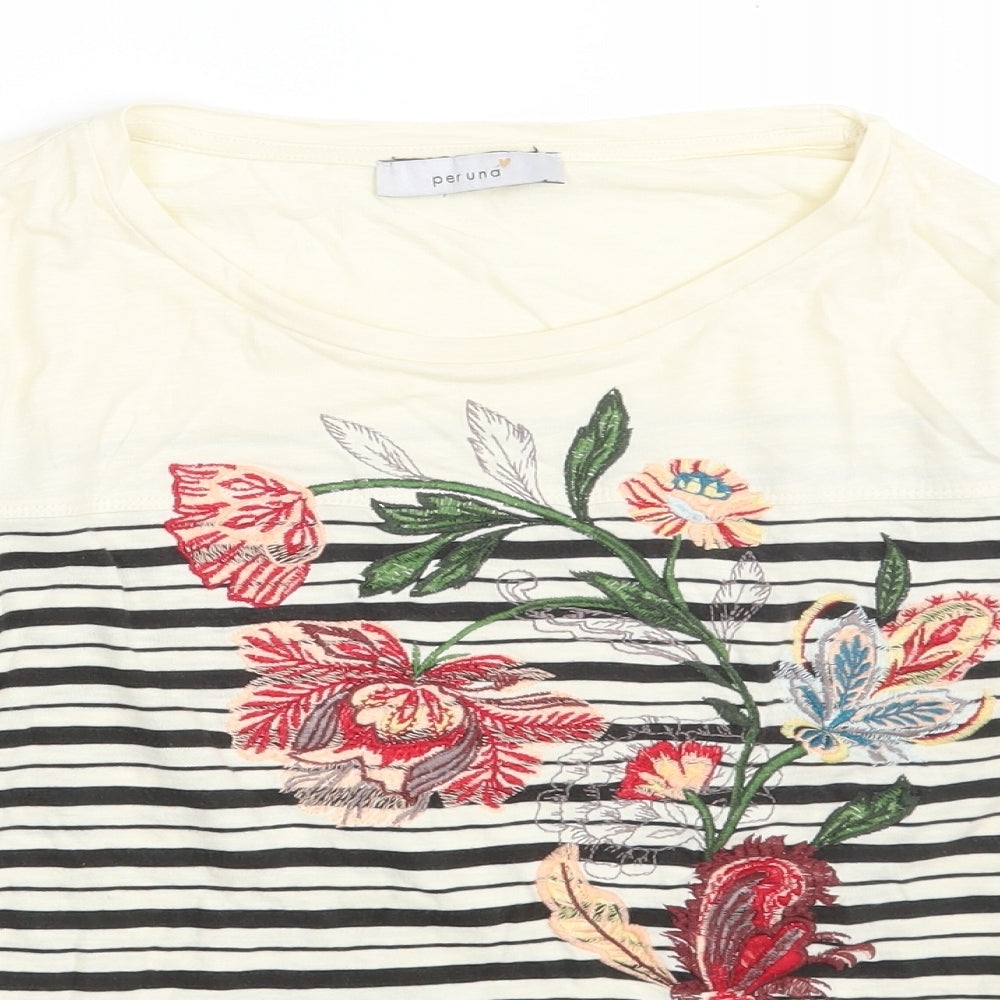Marks and Spencer Womens Ivory Striped 100% Cotton Basic T-Shirt Size 10 Round Neck
