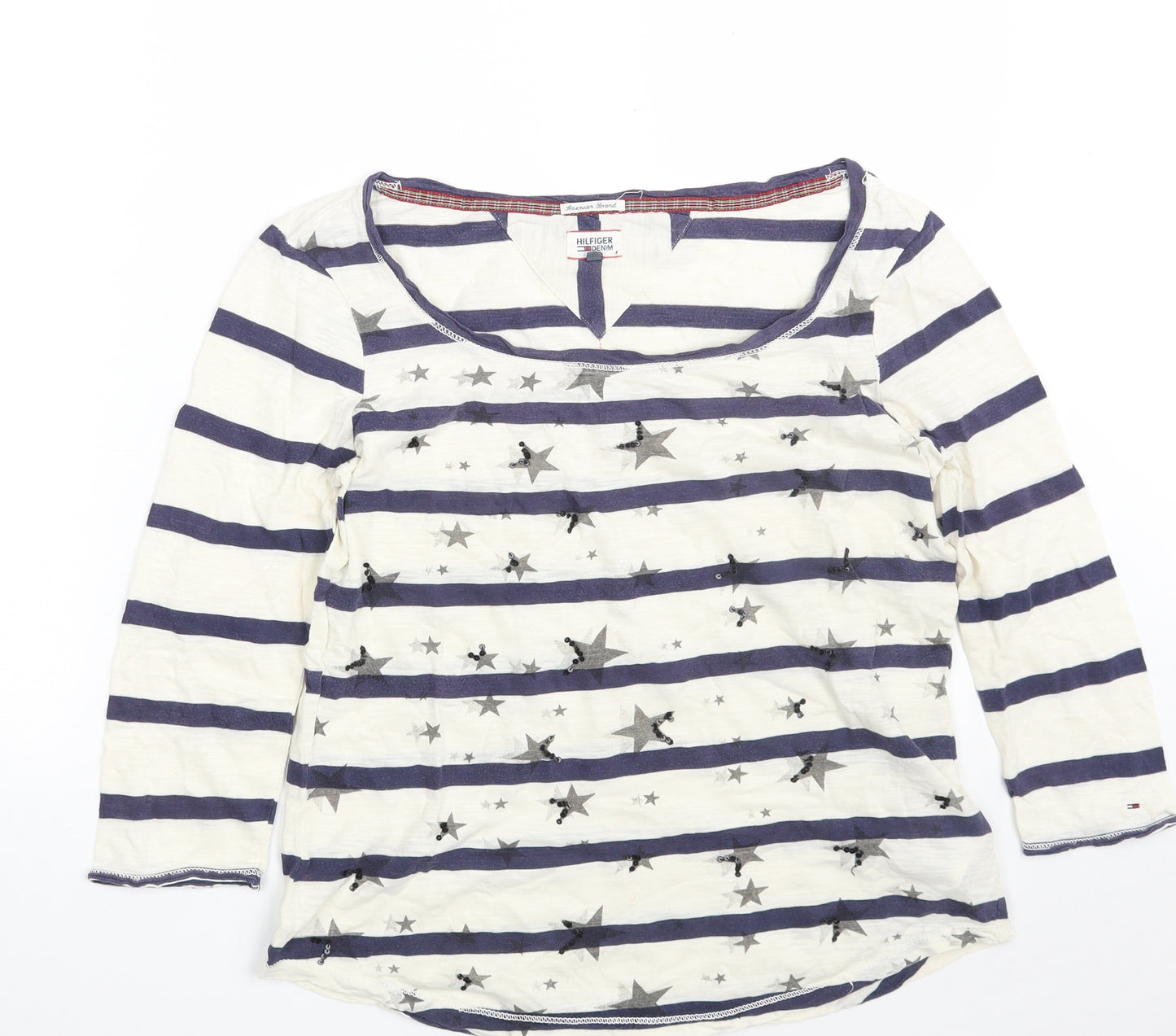 Hilfiger Denim Womens White Striped 100% Cotton Basic T-Shirt Size S Boat Neck