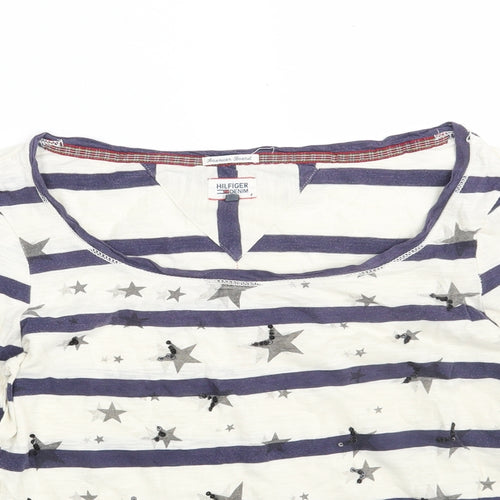 Hilfiger Denim Womens White Striped 100% Cotton Basic T-Shirt Size S Boat Neck