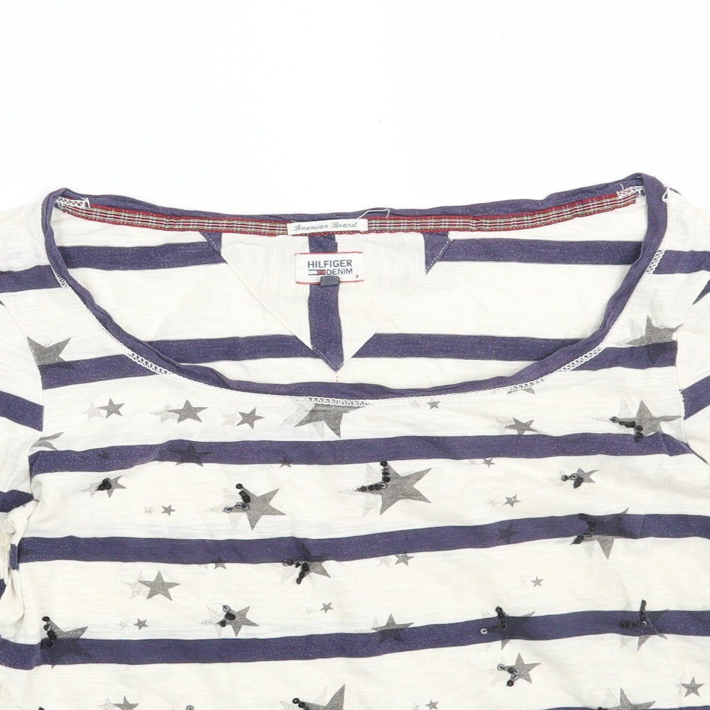 Hilfiger Denim Womens White Striped 100% Cotton Basic T-Shirt Size S Boat Neck