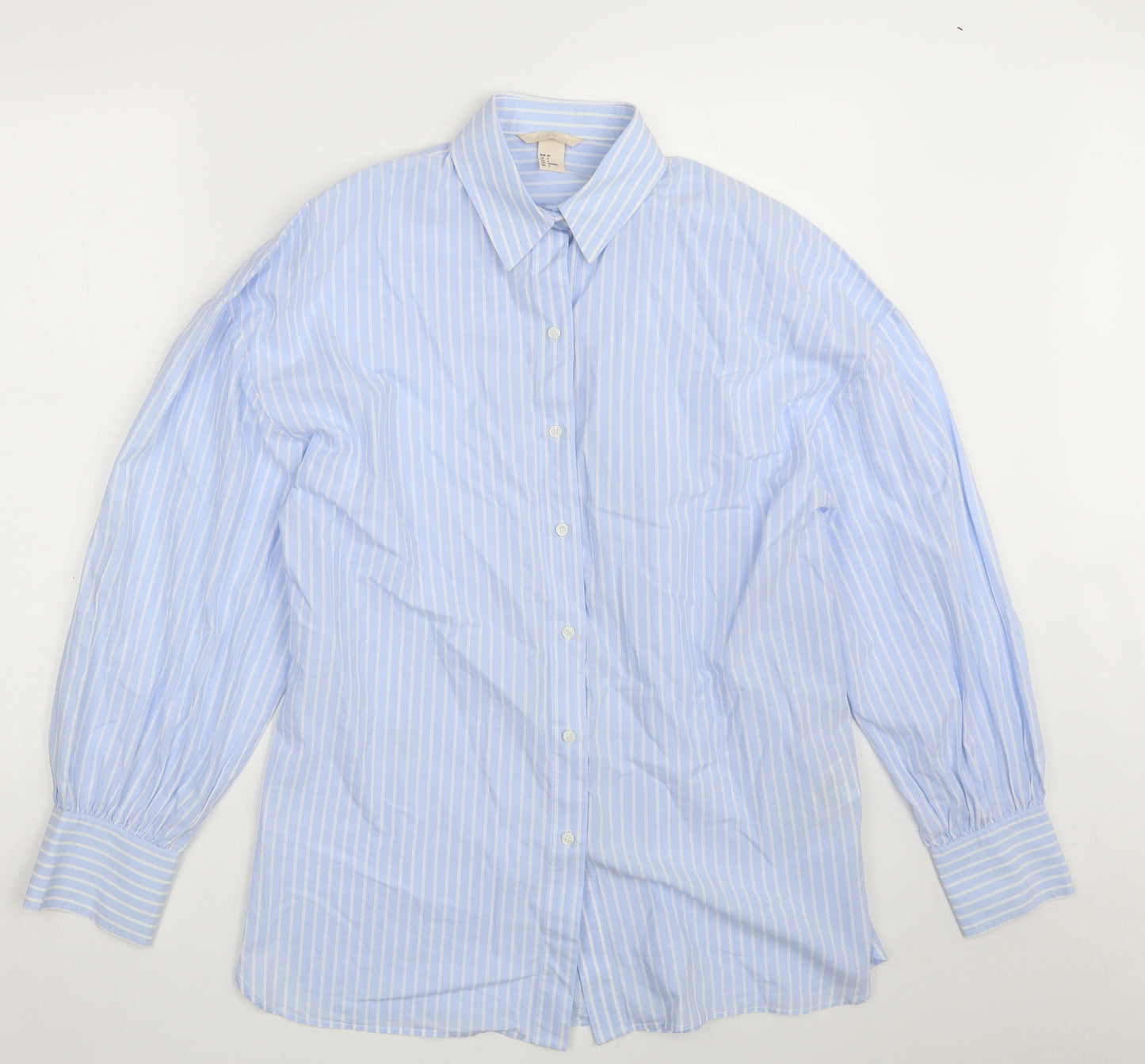 H&M Womens Blue Striped 100% Cotton Basic Button-Up Size 6 Collared