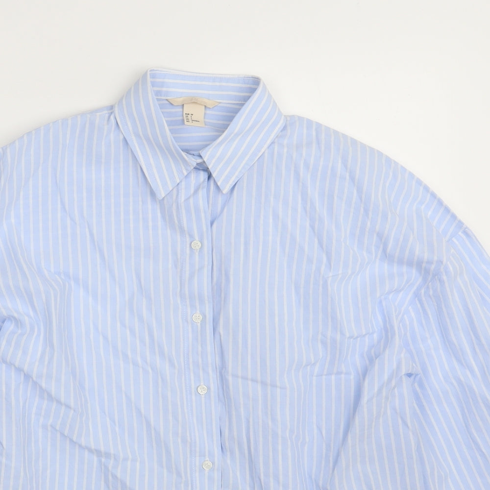 H&M Womens Blue Striped 100% Cotton Basic Button-Up Size 6 Collared