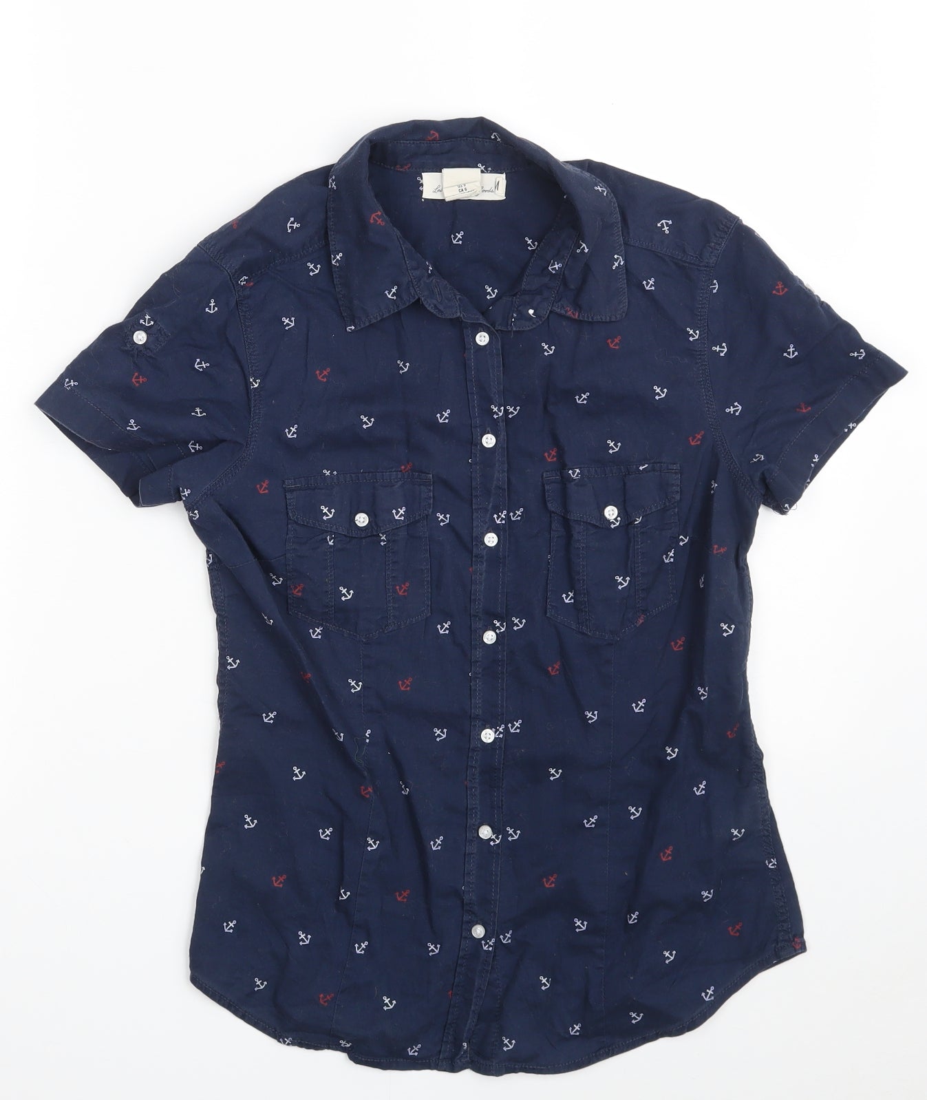 H&M Womens Blue  100% Cotton Basic Button-Up Size 8 Collared - Anchor