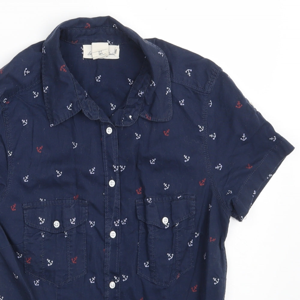 H&M Womens Blue  100% Cotton Basic Button-Up Size 8 Collared - Anchor