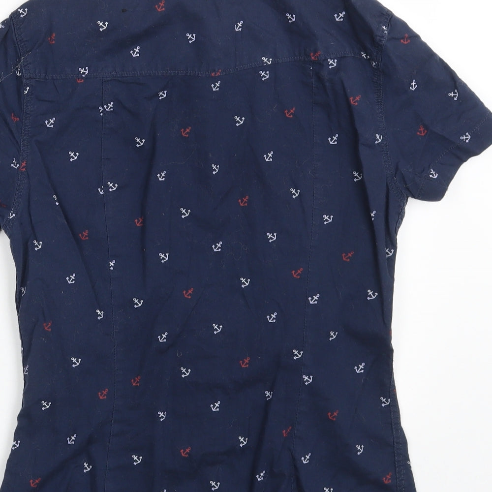 H&M Womens Blue  100% Cotton Basic Button-Up Size 8 Collared - Anchor