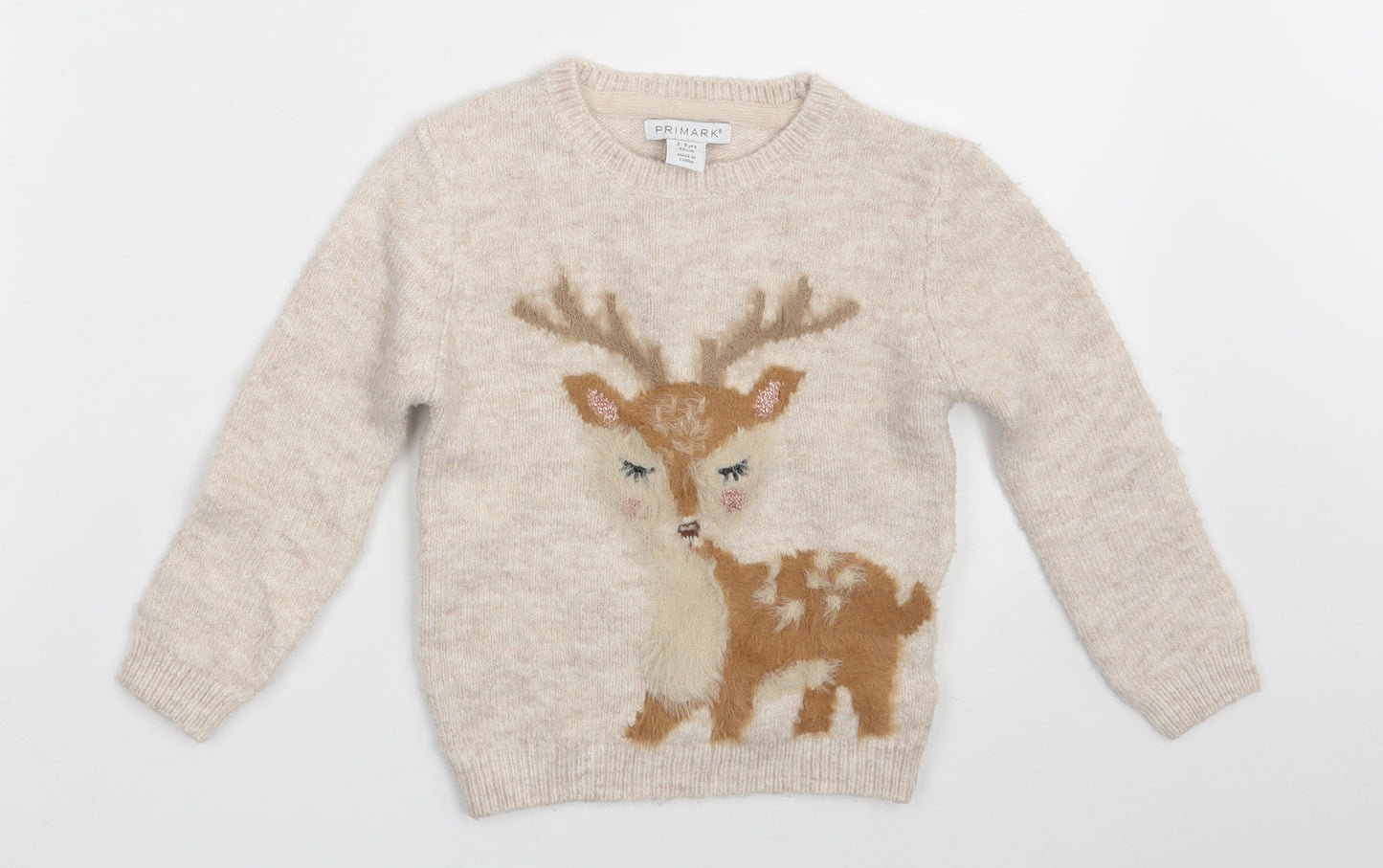 Primark Girls Beige Round Neck  Acrylic Pullover Jumper Size 2-3 Years   - Deer