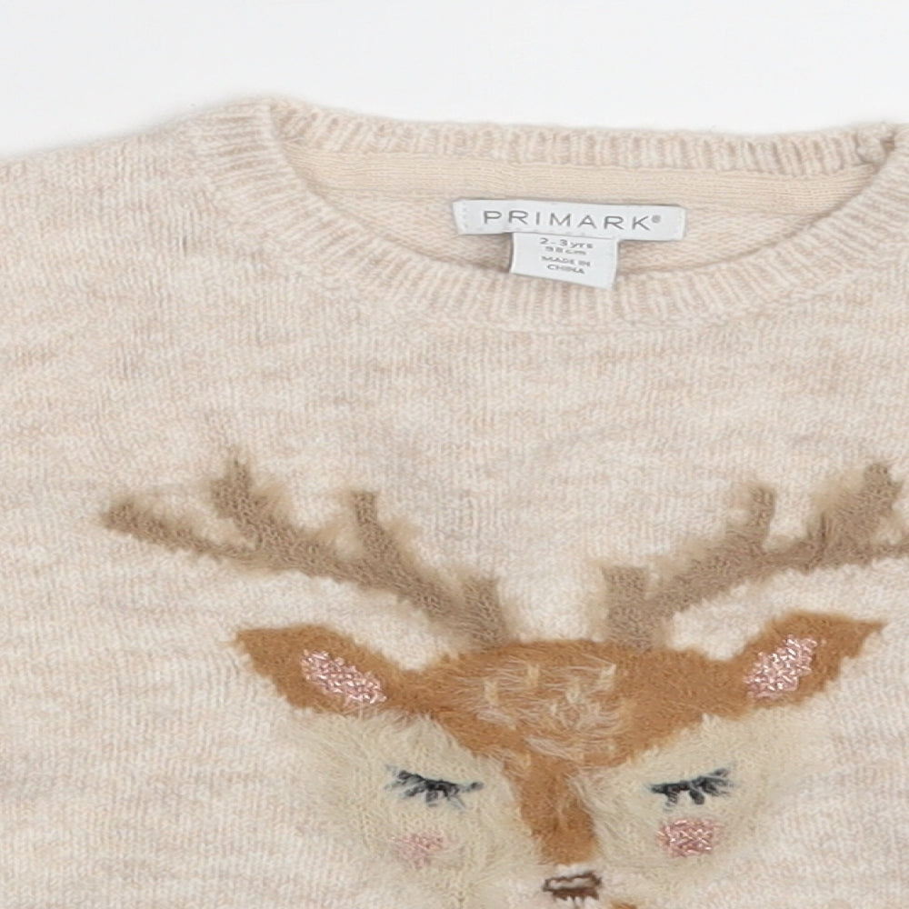Primark Girls Beige Round Neck  Acrylic Pullover Jumper Size 2-3 Years   - Deer