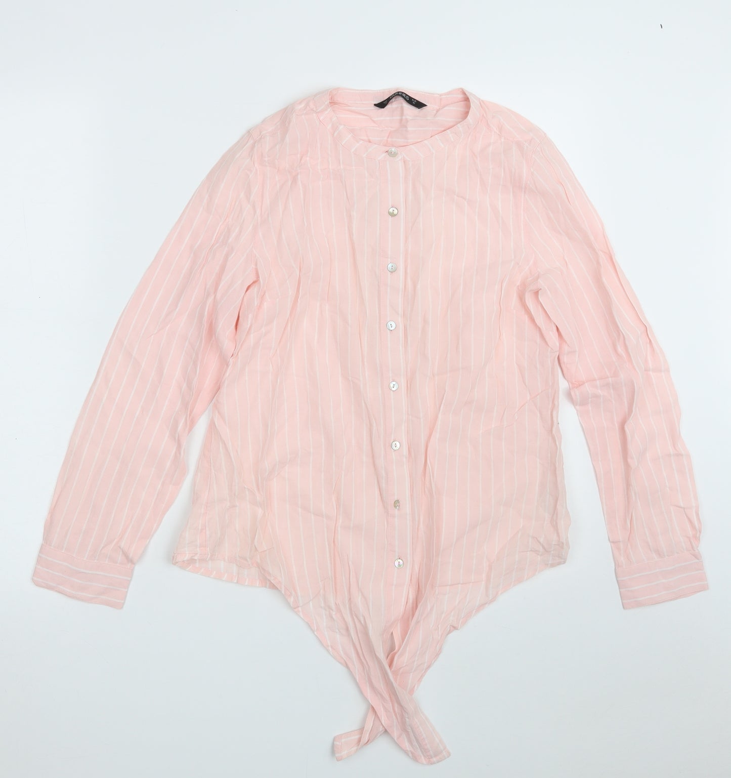 Dunnes Stores Womens Pink Striped 100% Cotton Basic Button-Up Size 12 Round Neck
