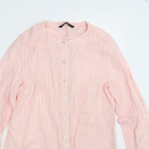Dunnes Stores Womens Pink Striped 100% Cotton Basic Button-Up Size 12 Round Neck