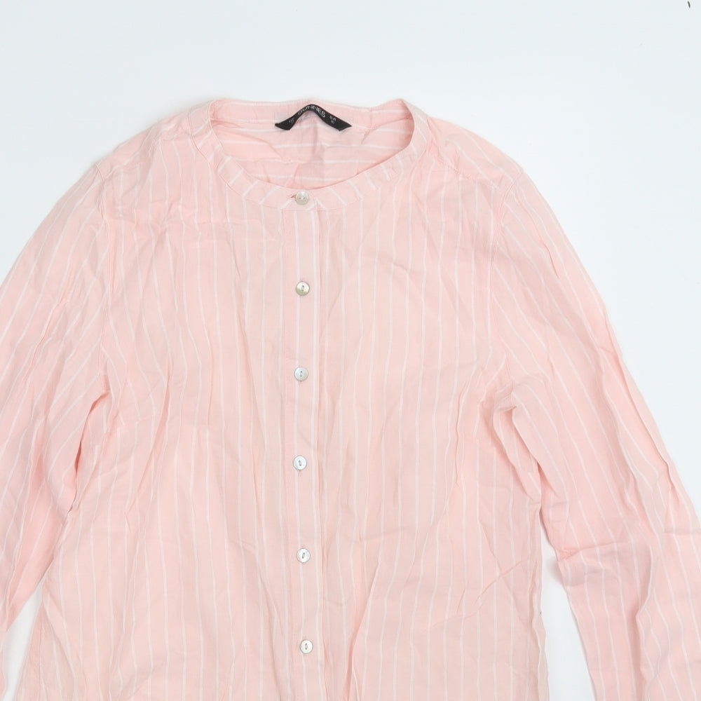 Dunnes Stores Womens Pink Striped 100% Cotton Basic Button-Up Size 12 Round Neck