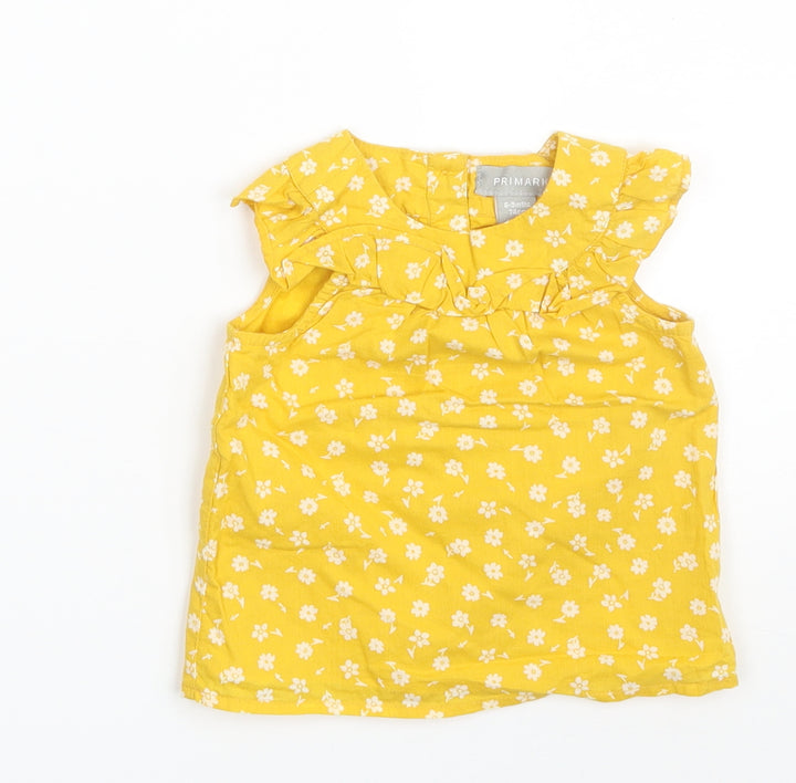 Primark Girls Yellow Floral 100% Cotton A-Line Size 6-9 Months Round Neck Button