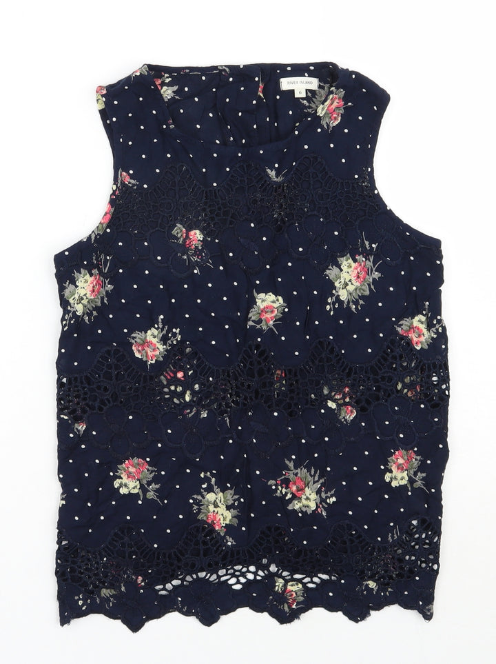 River Island Womens Blue Floral Viscose Basic Blouse Size 6 Round Neck