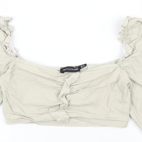 PRETTYLITTLETHING Womens Beige  Polyester Cropped Blouse Size 10 Square Neck