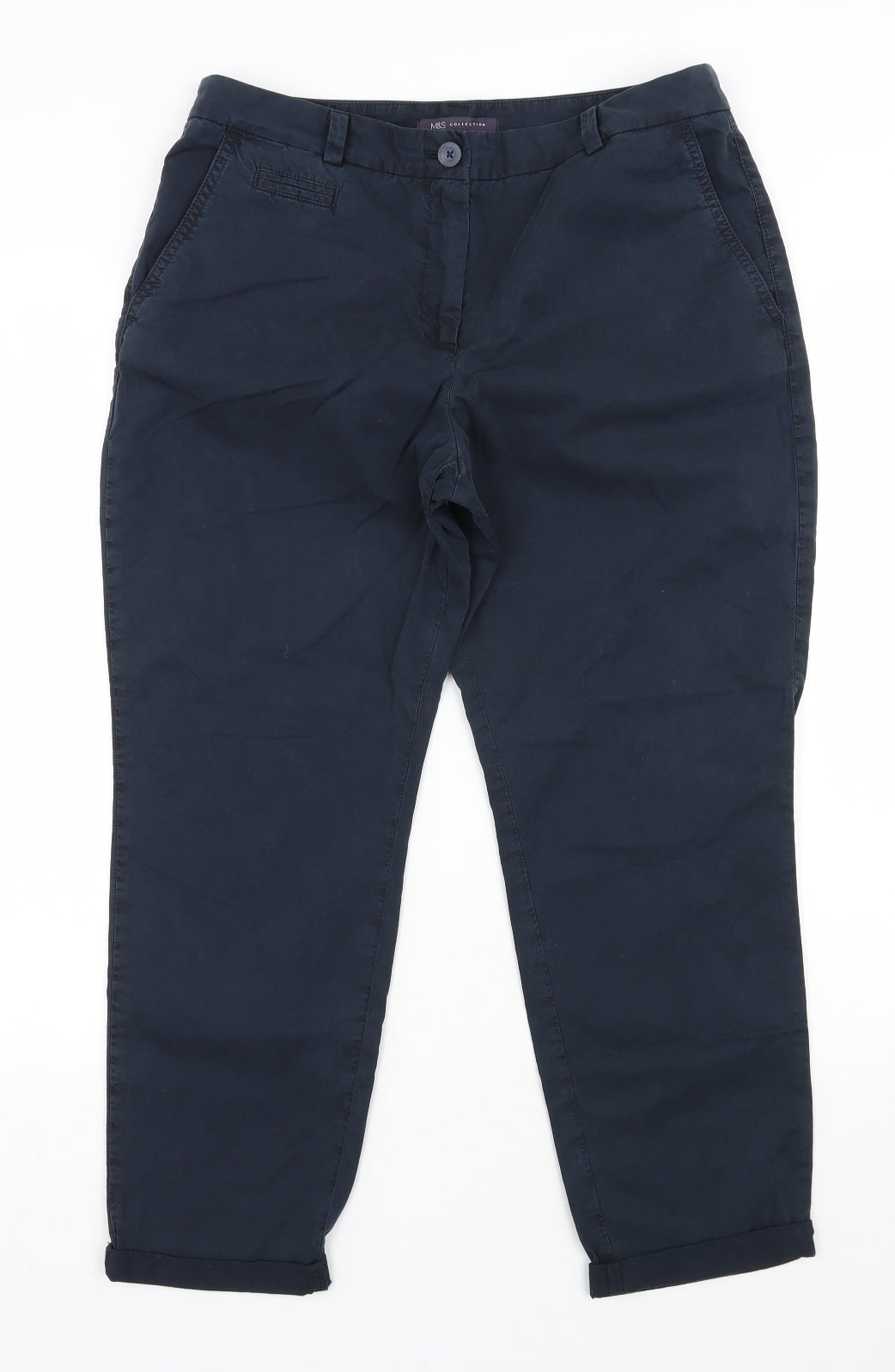 Marks and Spencer Womens Blue  Cotton Chino Trousers Size 12 L25 in Regular Zip