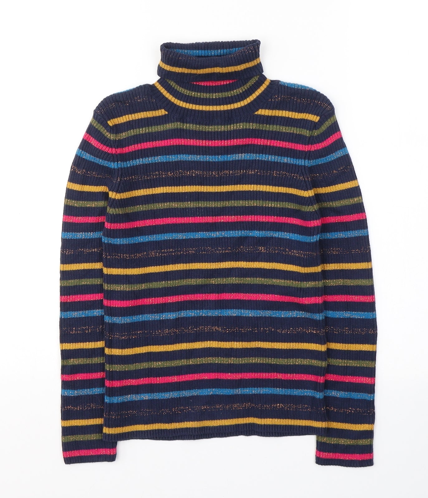 Marks and Spencer Girls Blue Striped Cotton Pullover Casual Size 9-10 Years Roll Neck Pullover