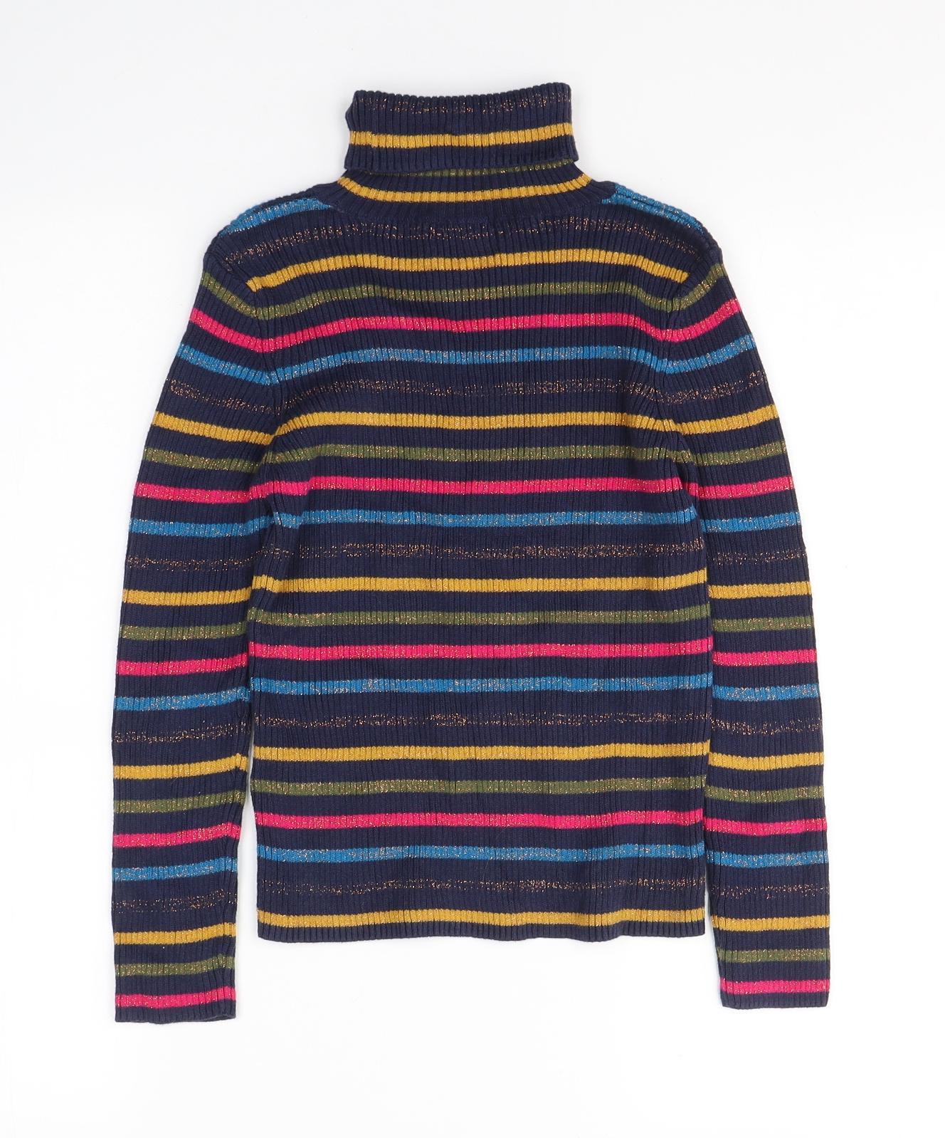 Marks and Spencer Girls Blue Striped Cotton Pullover Casual Size 9-10 Years Roll Neck Pullover