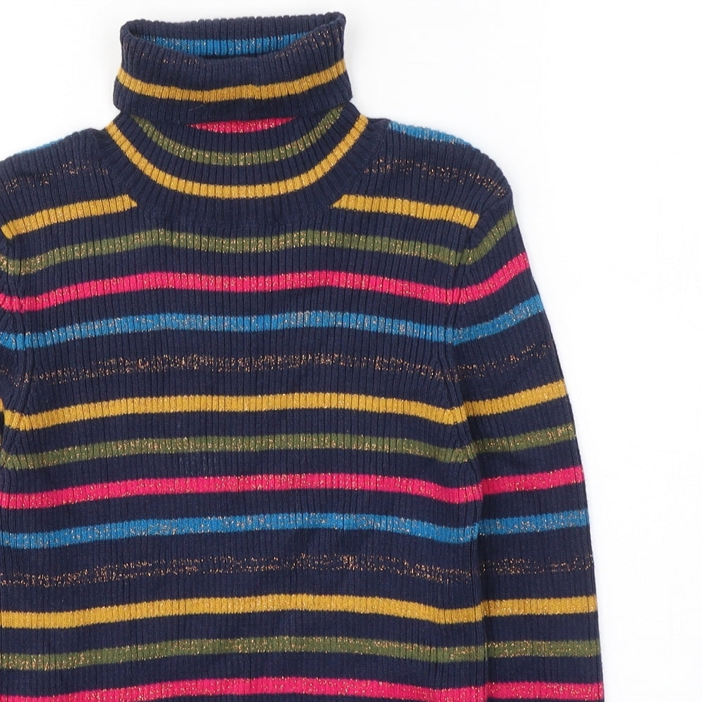 Marks and Spencer Girls Blue Striped Cotton Pullover Casual Size 9-10 Years Roll Neck Pullover