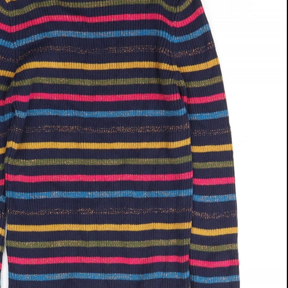 Marks and Spencer Girls Blue Striped Cotton Pullover Casual Size 9-10 Years Roll Neck Pullover