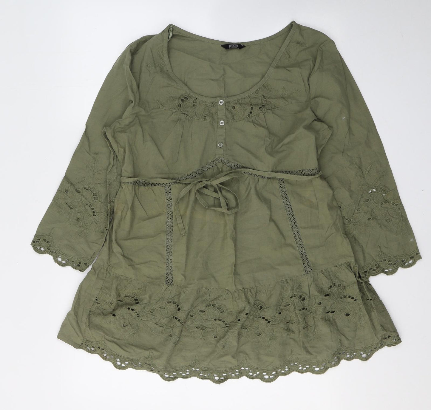 F&F Womens Green Geometric Cotton Tunic Blouse Size 14 Round Neck