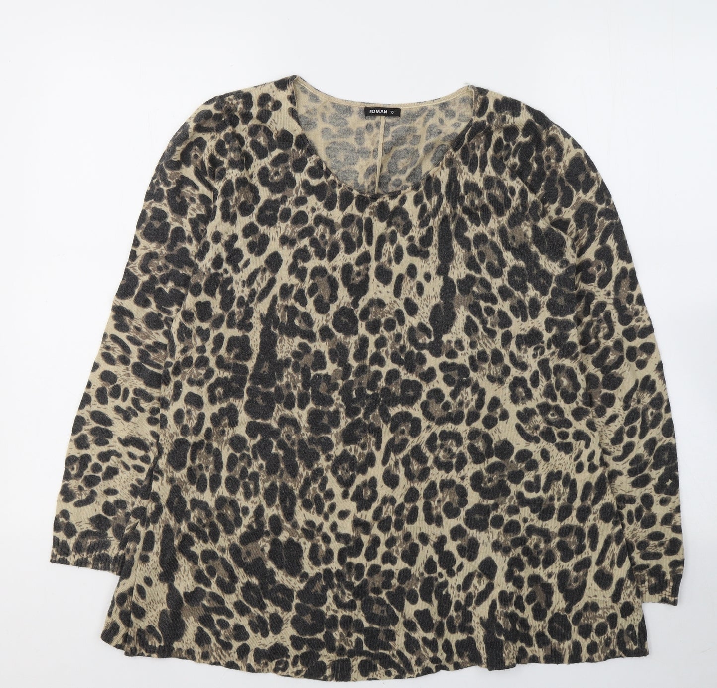 Roman Womens Beige Animal Print Polyamide Basic Blouse Size 10 Round Neck