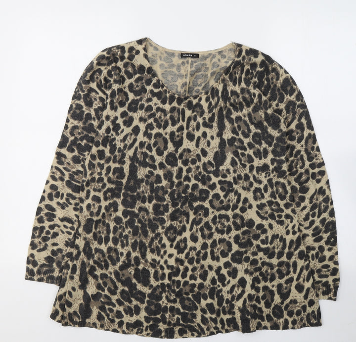 Roman Womens Beige Animal Print Polyamide Basic Blouse Size 10 Round Neck