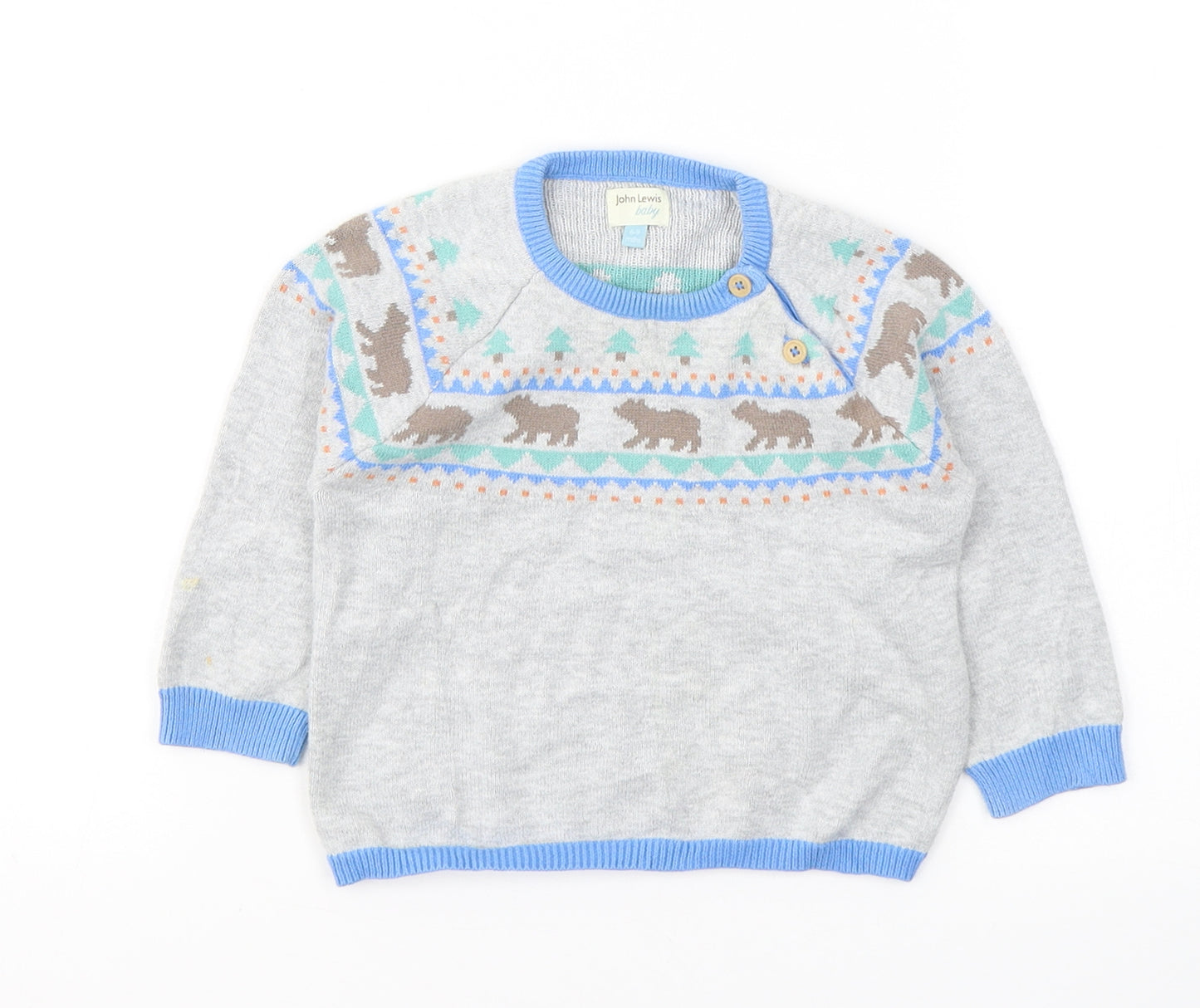 John Lewis Boys Grey Fair Isle Cotton Pullover Jumper Size 6-9 Months  Pullover