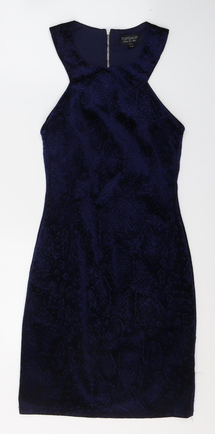 Topshop Womens Blue Geometric Polyester A-Line  Size 6  Round Neck Zip