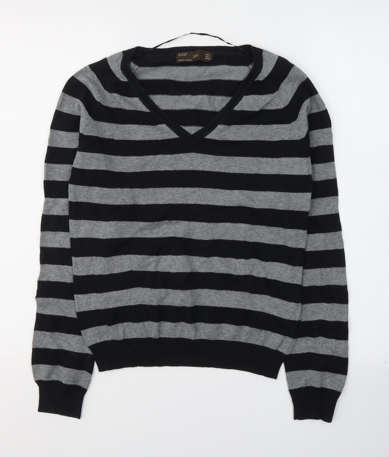 Zara Womens Grey Striped Polyester Jersey T-Shirt Size L V-Neck