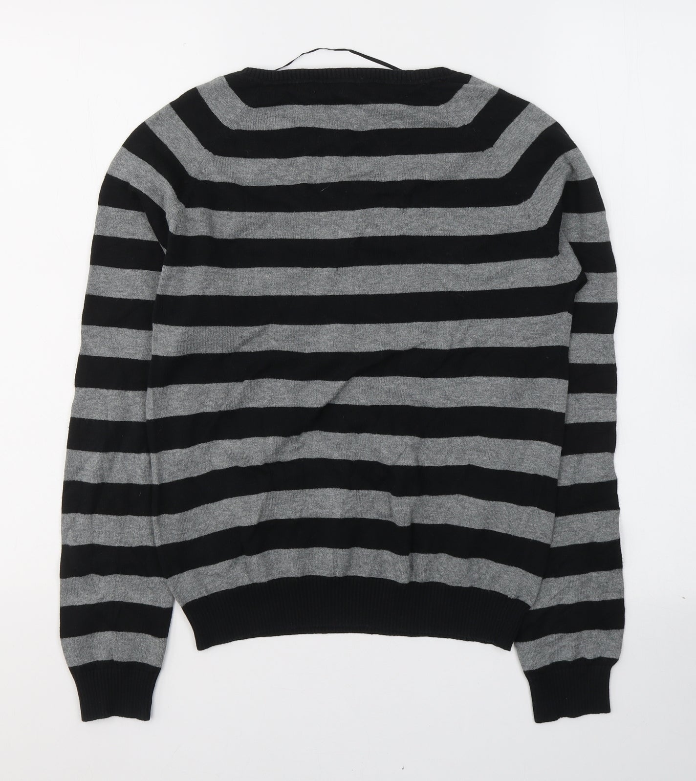 Zara Womens Grey Striped Polyester Jersey T-Shirt Size L V-Neck