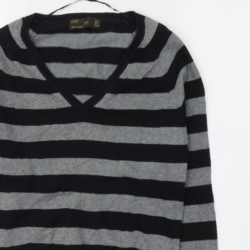 Zara Womens Grey Striped Polyester Jersey T-Shirt Size L V-Neck