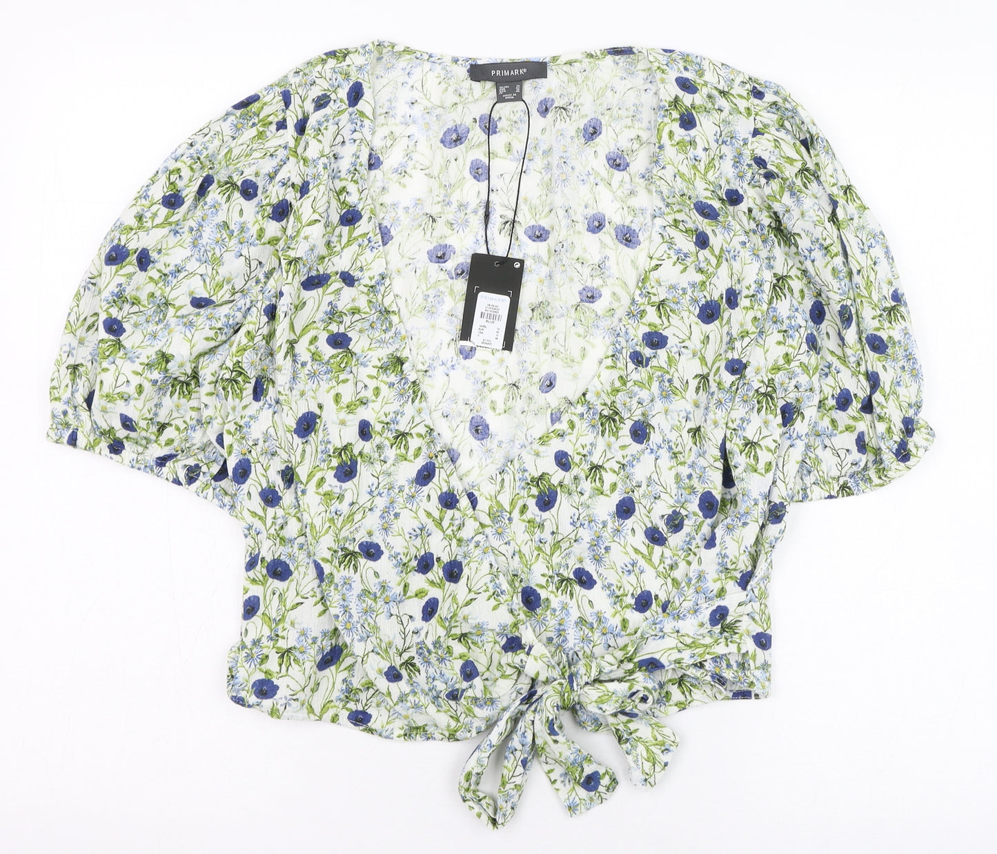 Primark Womens Ivory Floral Cotton Wrap Blouse Size 14 V-Neck