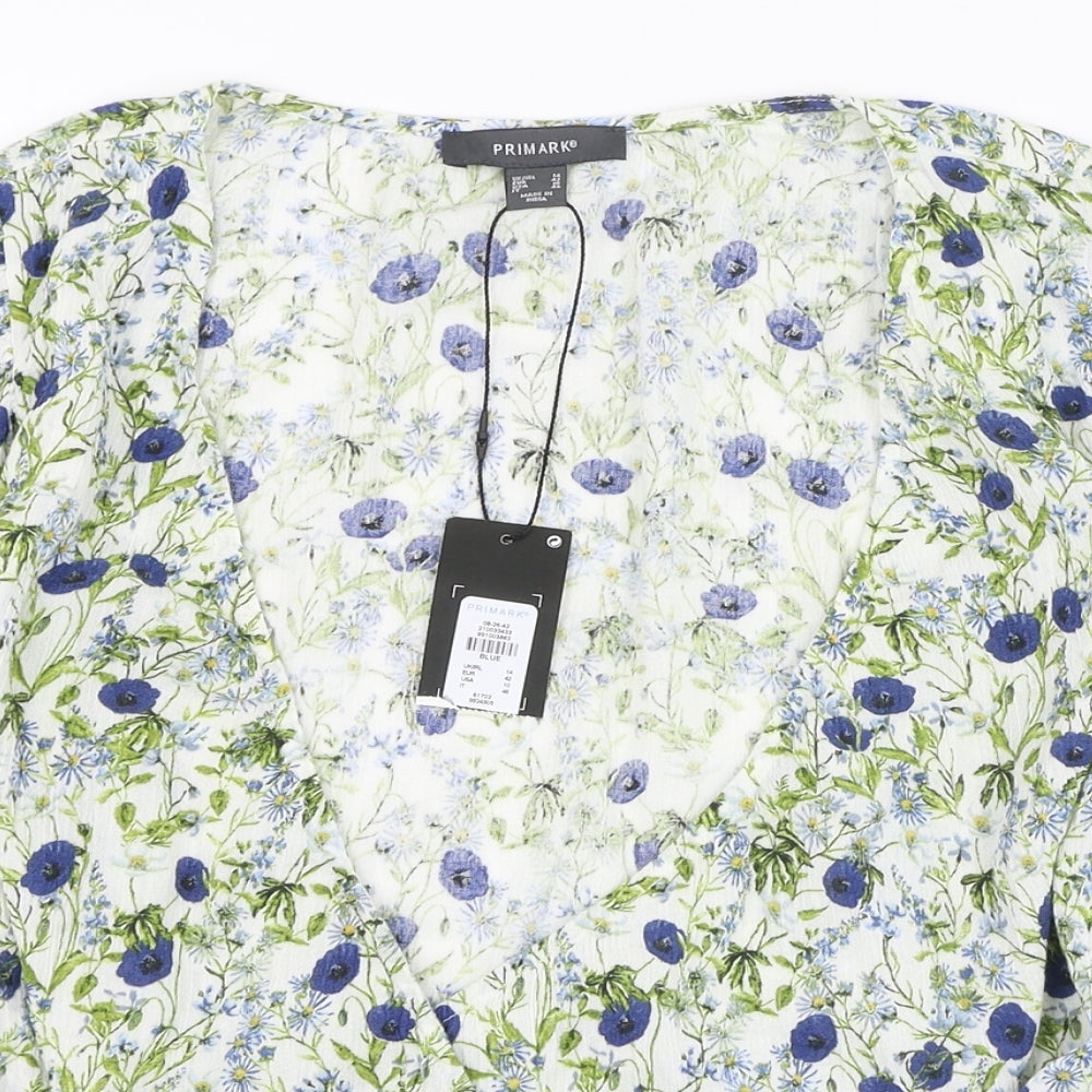 Primark Womens Ivory Floral Cotton Wrap Blouse Size 14 V-Neck