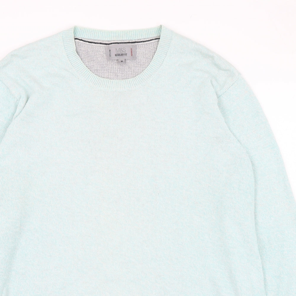 Marks and Spencer Mens Blue Round Neck  Cotton Pullover Jumper Size M