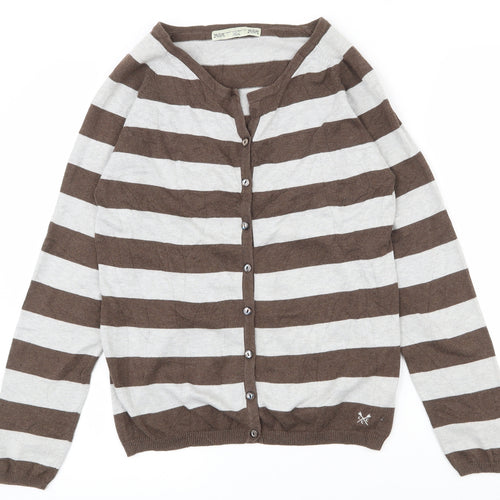 Crew Clothing Womens Brown Scoop Neck Striped 100% Cotton Cardigan Jumper Size 12