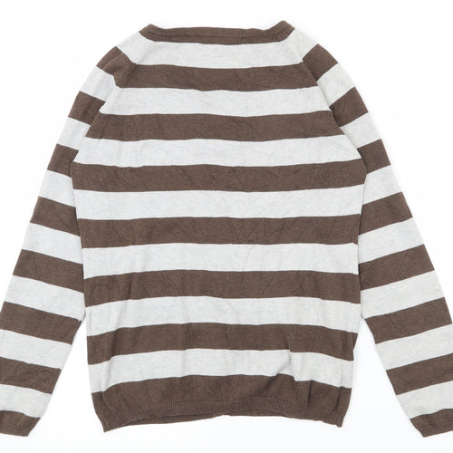 Crew Clothing Womens Brown Scoop Neck Striped 100% Cotton Cardigan Jumper Size 12