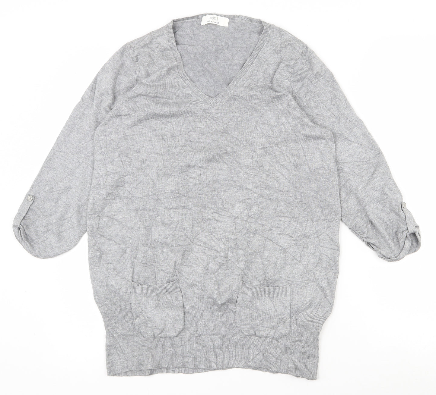 Marks and Spencer Womens Grey V-Neck  Viscose Pullover Jumper Size 14